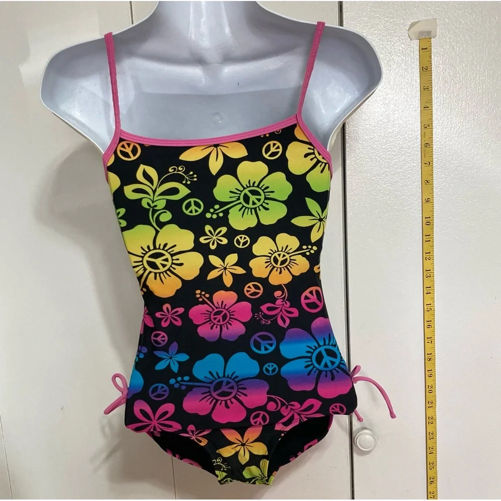 SO One Piece Peace and Flower Power Swimsuit Girls Size 10